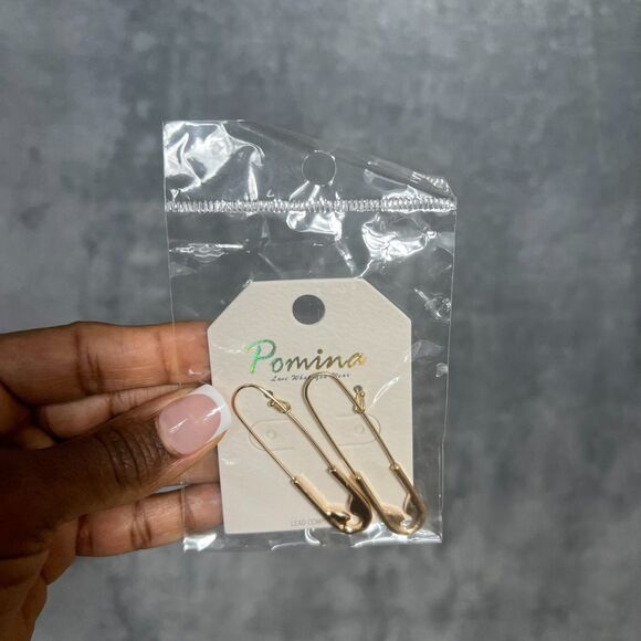 Safety Pin Dangle Earrings Gold Tone, 2" - Picture 2 of 7